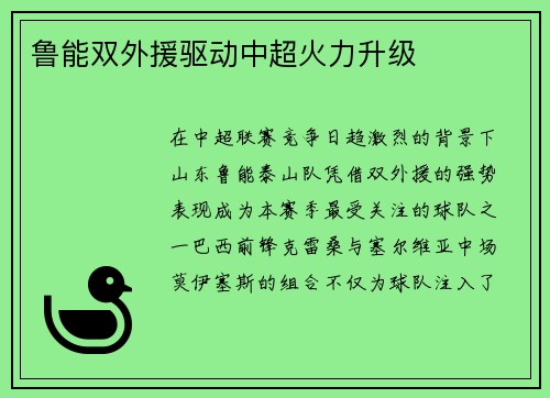 鲁能双外援驱动中超火力升级